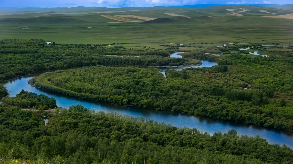 Aerial view of a winding river flowing through lush green forests and fields under a bright sky.
